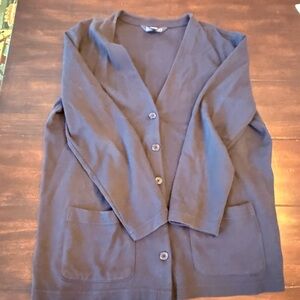 Lands End Cardigan Button Down V-Neck pockets BLACK 100% cotton large